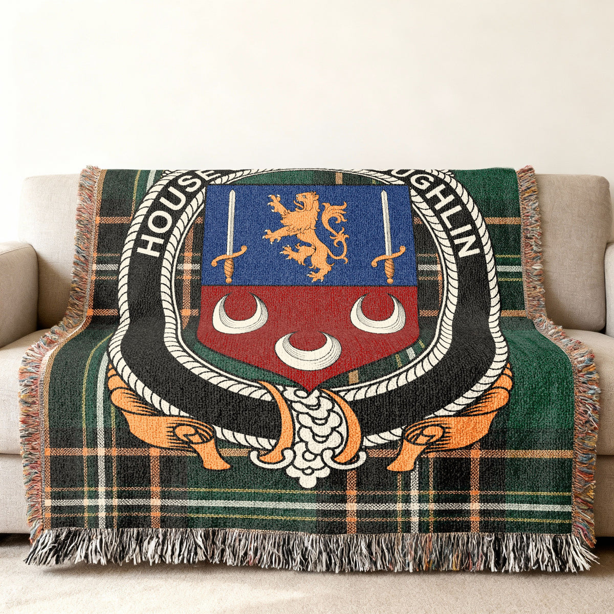 MacLoughlin Irish National Tartan woven blanket displayed on a sofa