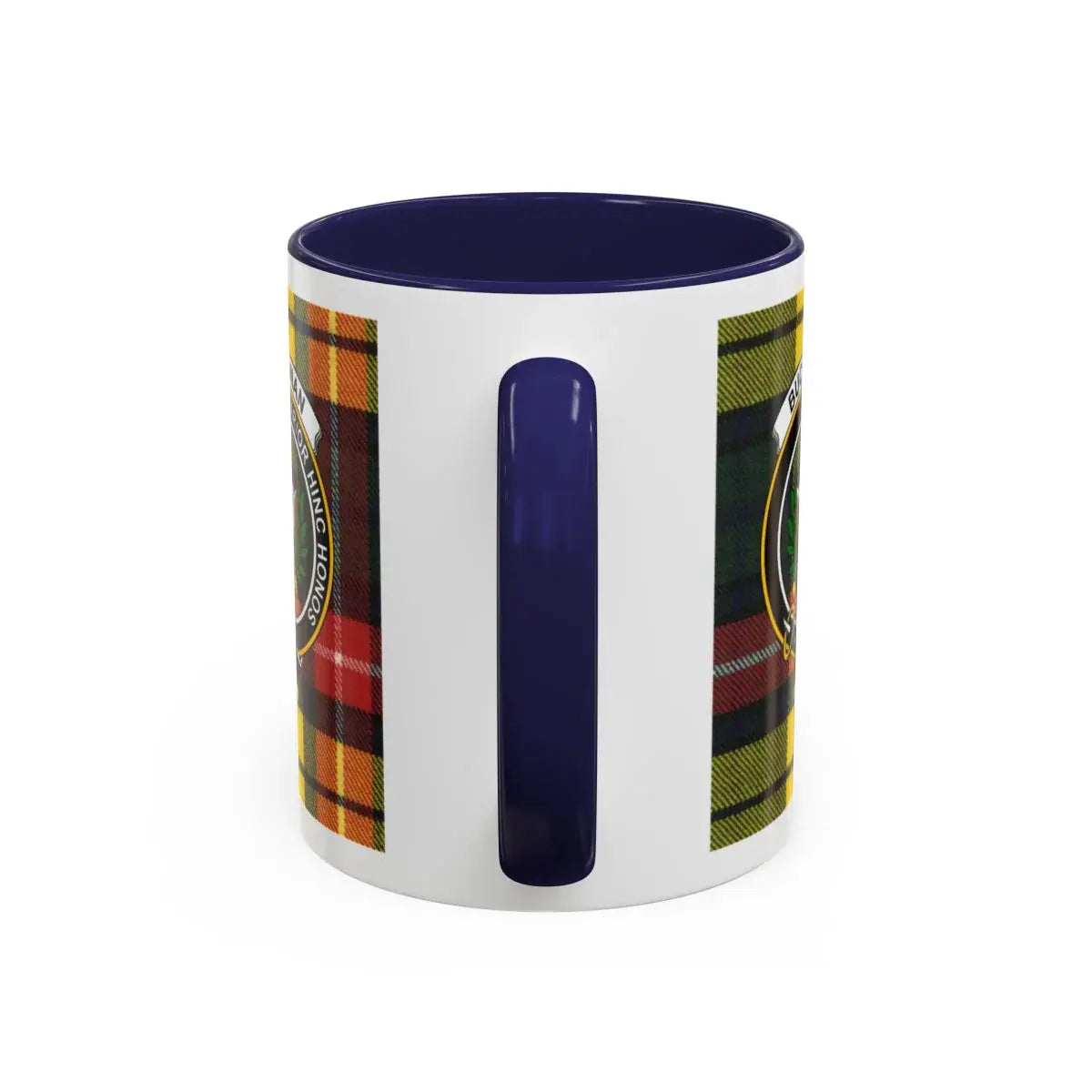 Clan Buchanan tartan ceramic mug — blue handle, crest and interior detail
