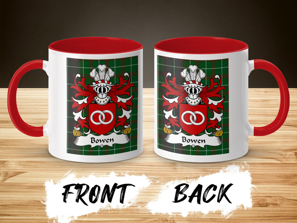 Two white mugs with red handles and interiors, each displaying the Bowen family crest on a tartan background.