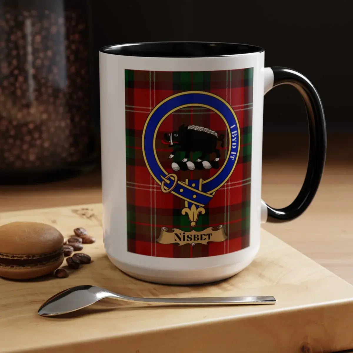 Close-up of the Nisbet clan crest printed on a ceramic mug