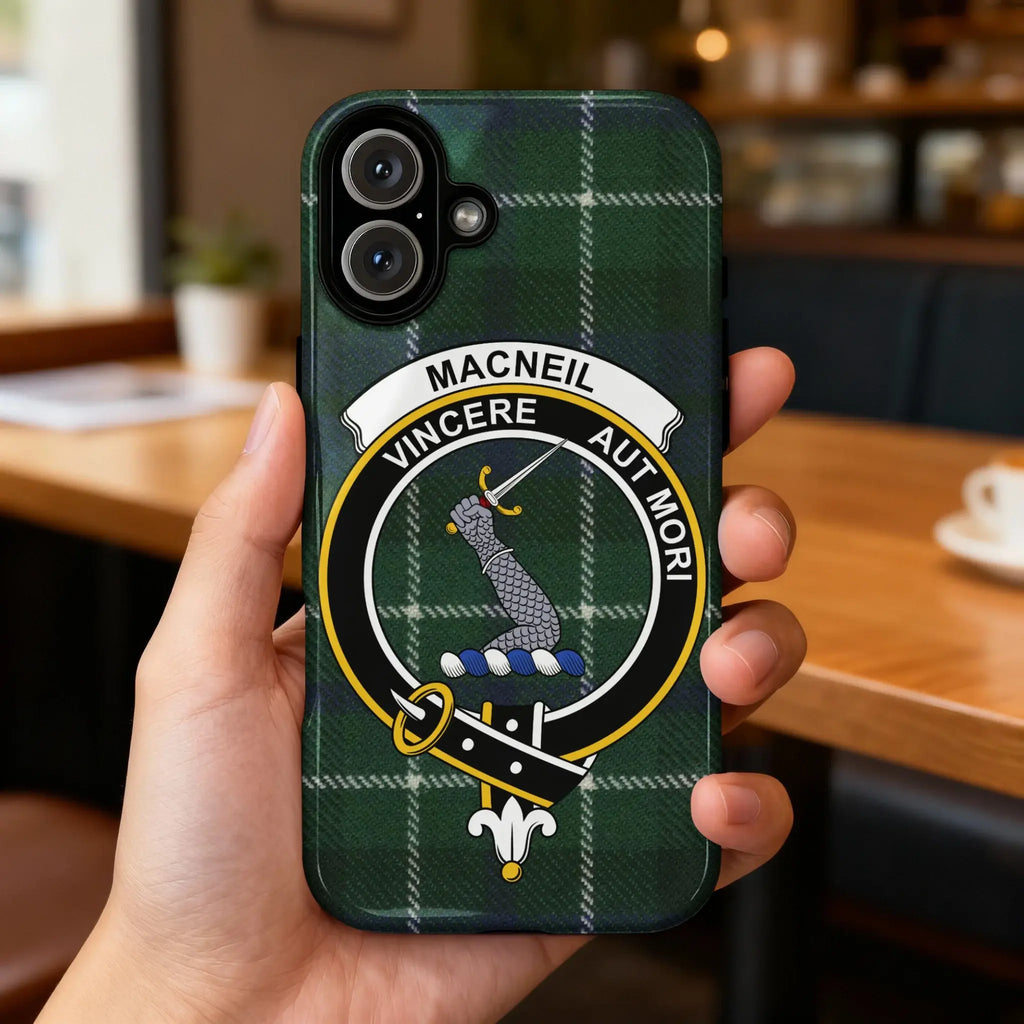 MacNeil tartan phone case rear view — edge-to-edge clan crest print on glossy case