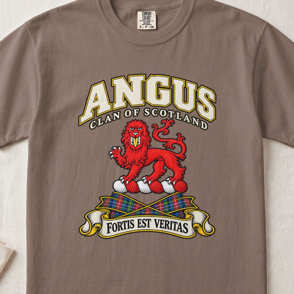 Angus Scottish clan T-shirt in Espresso, front view with a red lion and motto banner.
