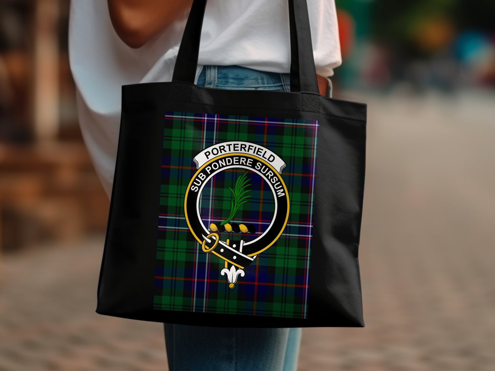 Scottish Clan Crest on Tartan Background Tote Bag - Living Stone Gifts