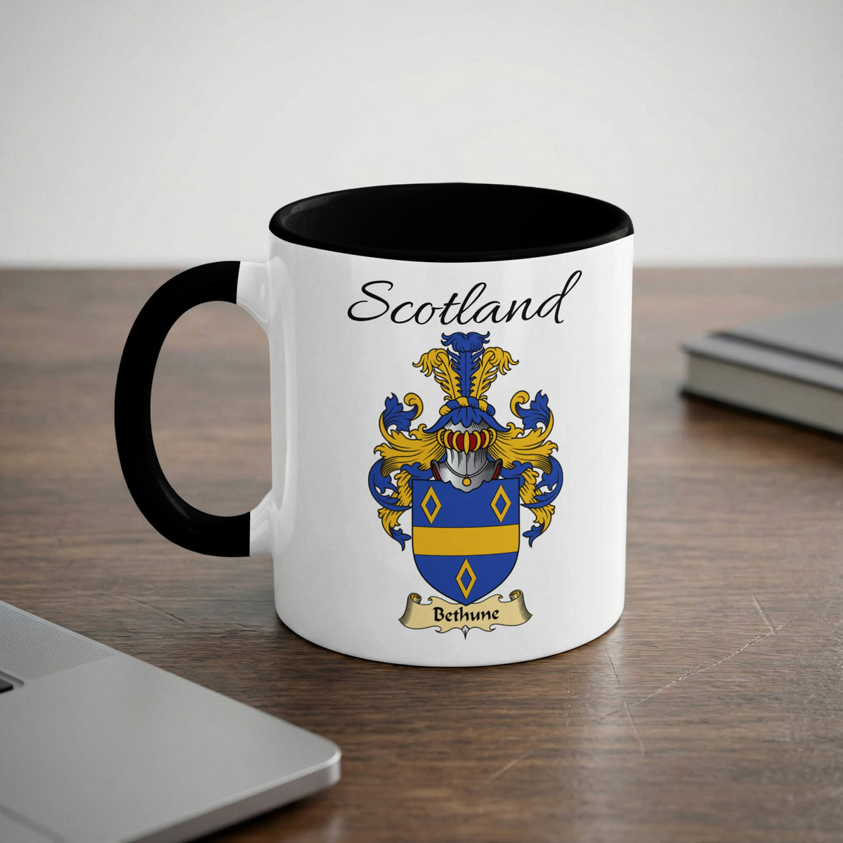 Bethune Scottish family crest accent mug with Scotland lettering and coat of arms artwork