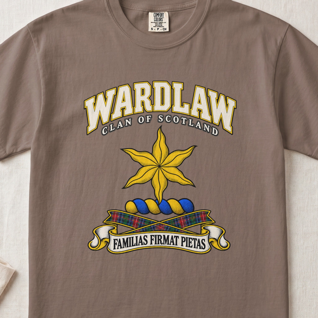 Wardlaw Scottish clan T-shirt in Espresso, front view with a golden star with wavy points and motto design.