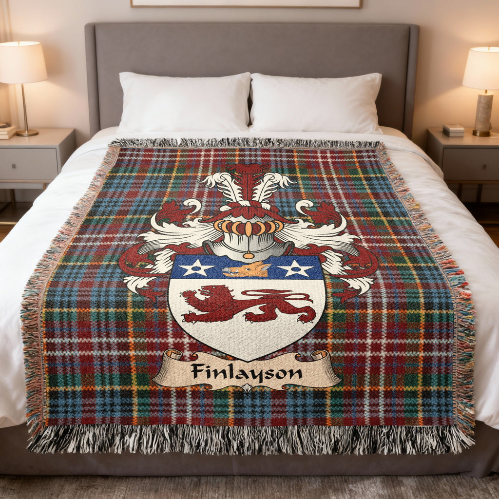 Finlayson Caledonia tartan heritage woven throw blanket with family shield