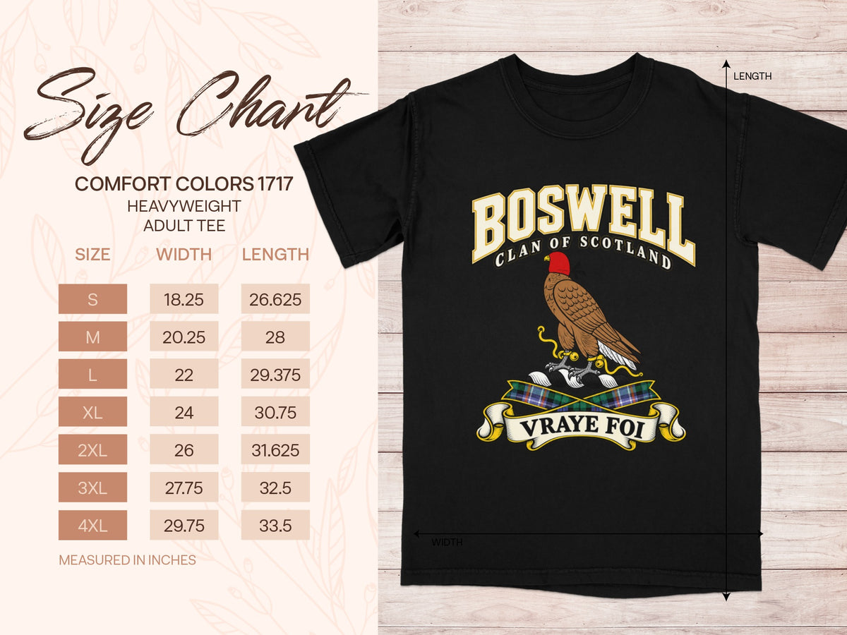 Comfort Colors 1717 size chart in inches with a black Boswell clan crest T-shirt preview