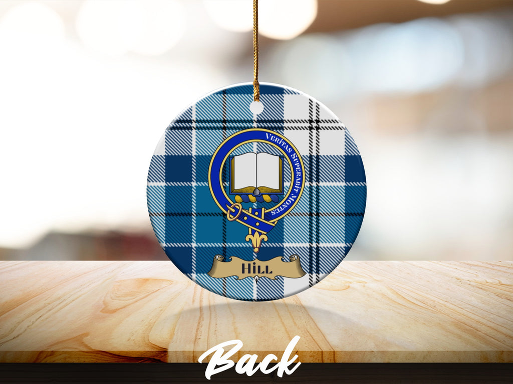 Hill name and crest on round blue tartan ceramic ornament