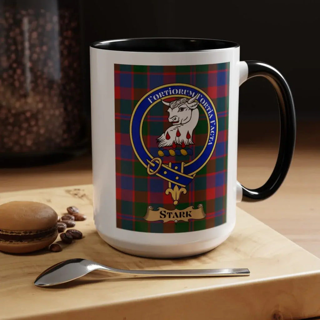 Close-up of the Stark clan crest printed on a ceramic mug
