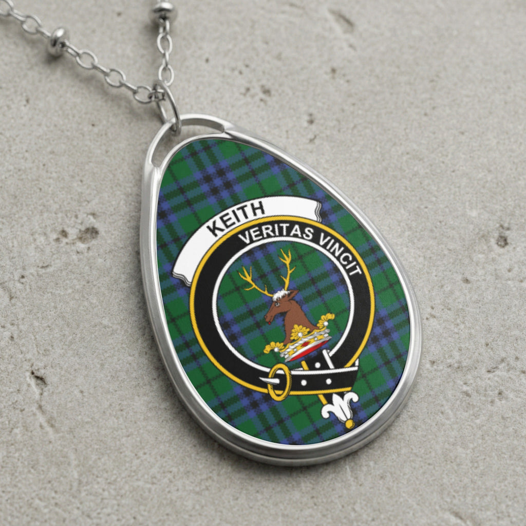 Keith clan Scottish tartan necklace with clan crest and Veritas Vincit motto on tartan background