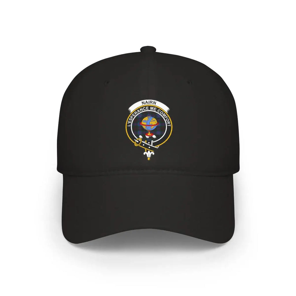 Clan Nairn crest tartan cap in black — printed L'Espérance Me Conforte design, low-profile cotton hat