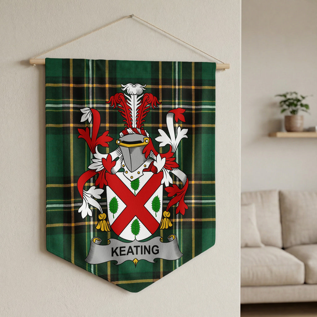 Keating Irish family crest wall pennant on the Irish National Tartan, hanging on a wall