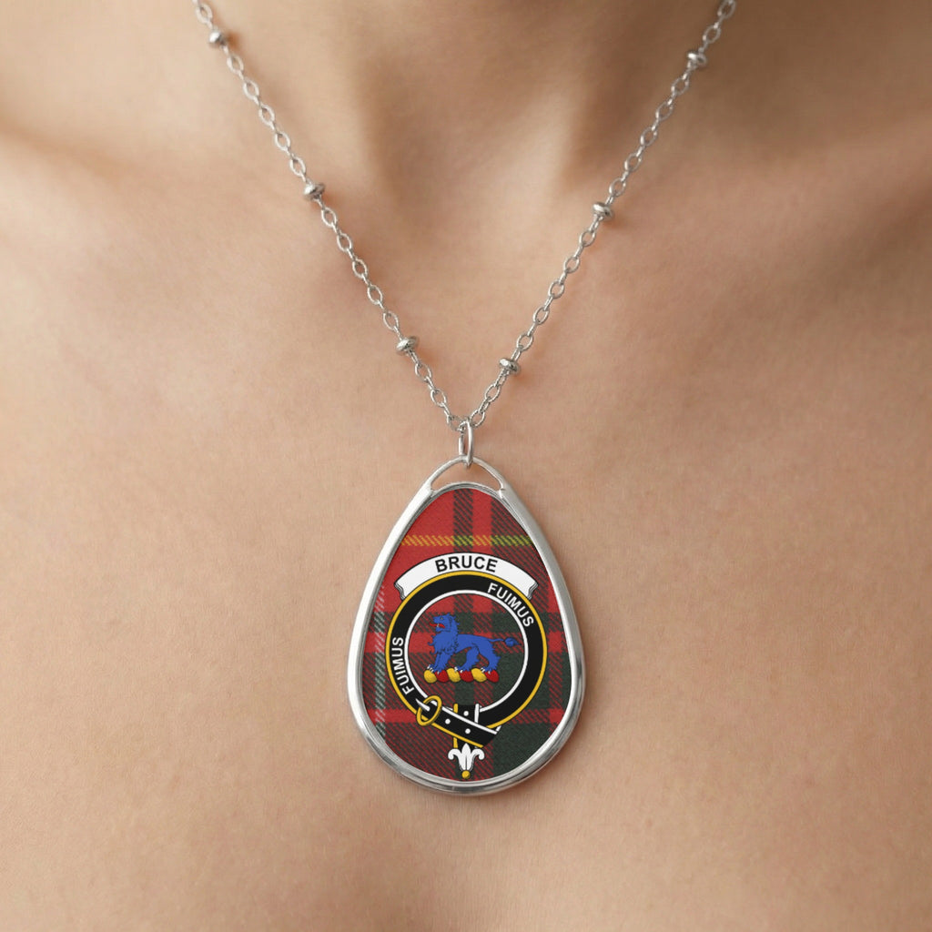 Close-up of Bruce clan tartan pendant necklace with crest design