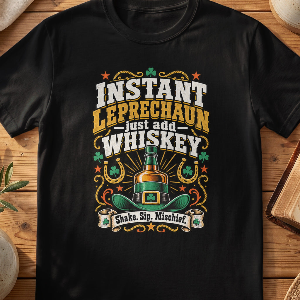 Black T-shirt with “Instant Leprechaun, Just Add Whiskey” graphic and leprechaun hat.