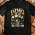 Black T-shirt with “Instant Leprechaun, Just Add Whiskey” graphic and leprechaun hat.
