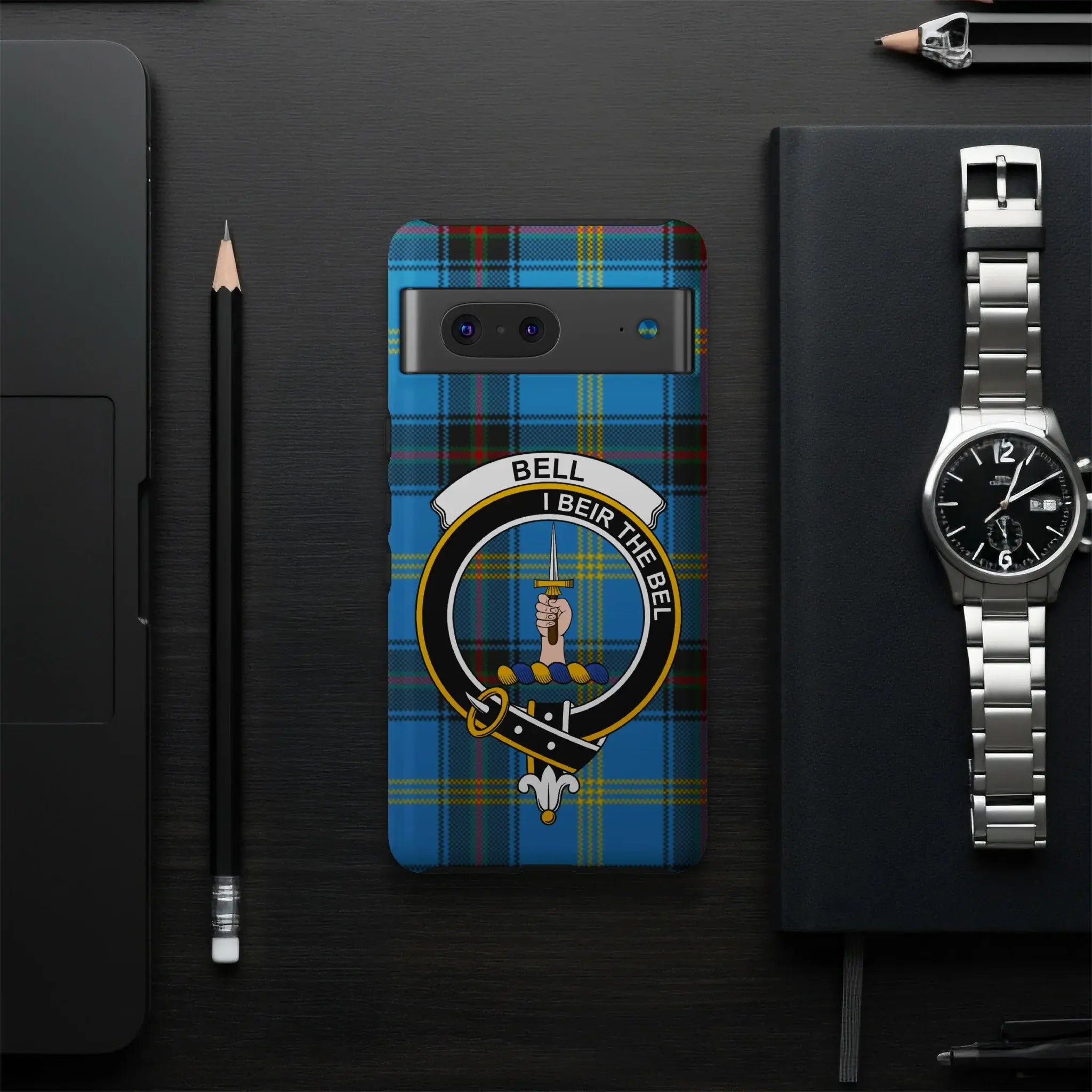 Bell I Beir the Bel plaid tartan phone case closeup — clan crest and motto, glossy UV-resistant finish