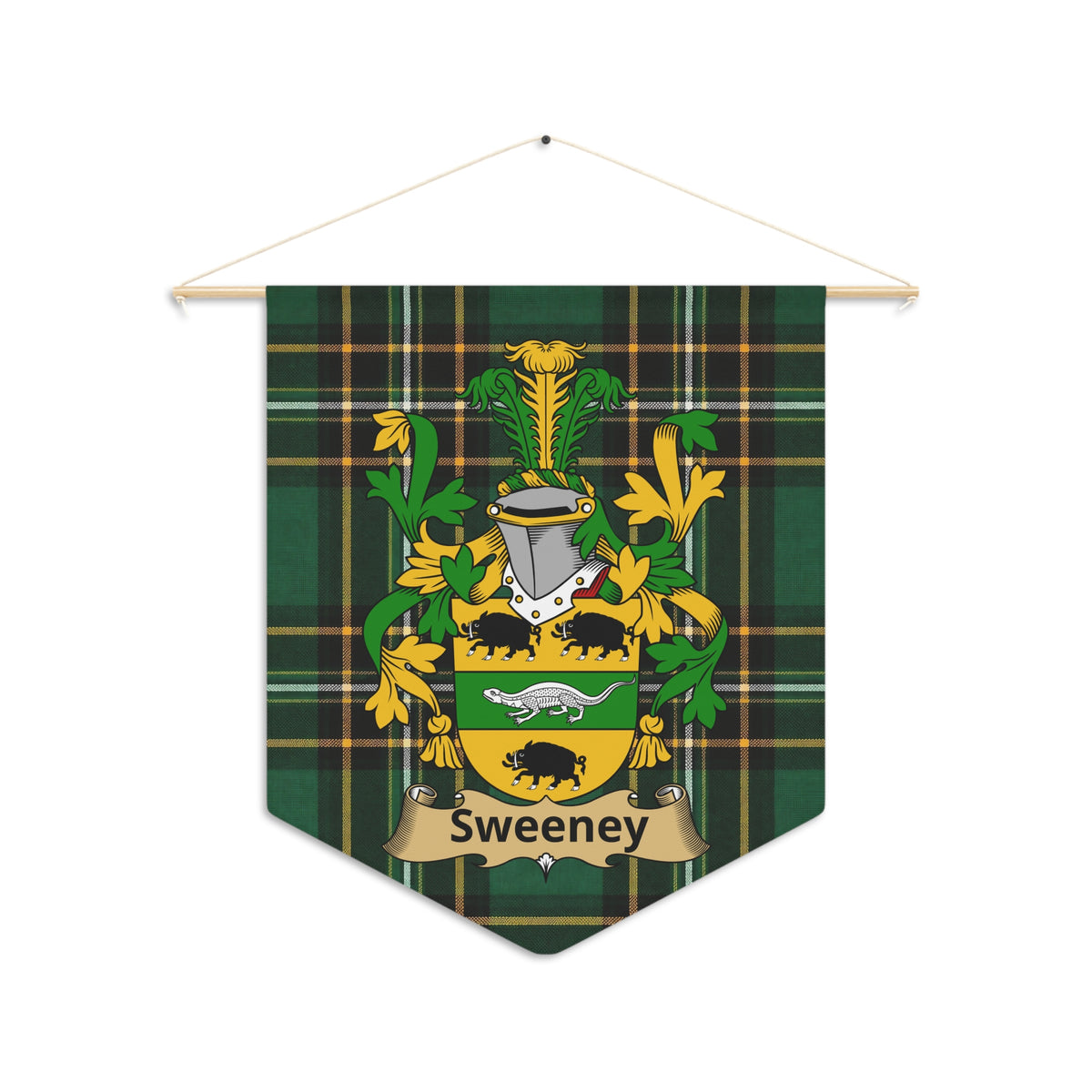 Sweeney family crest on a green tartan plaid banner hanging from a wooden rod.