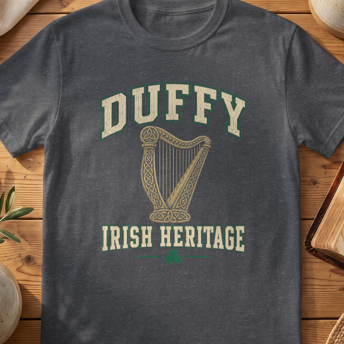 Duffy Irish Heritage dark heather gray Gildan 64000 T-shirt with Celtic harp design