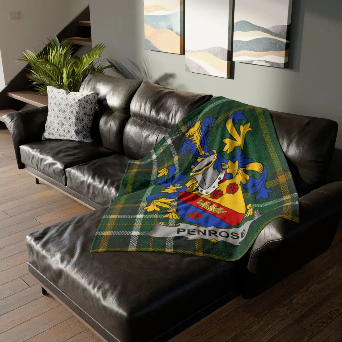 Penrose Family Crest Green Plaid Pattern Couch Blanket product type