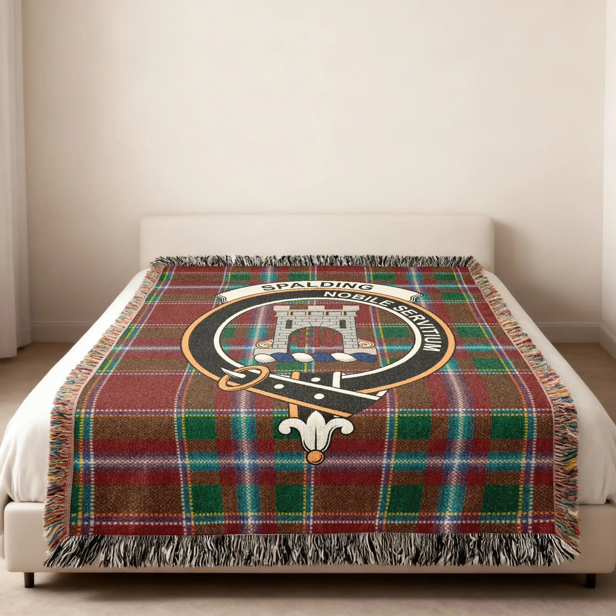 Spalding nobile servitium plaid decorative blanket folded — showing crest and tartan