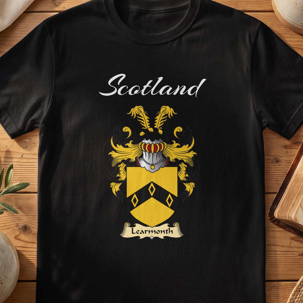 Black Learmonth Scottish T-shirt featuring a black chevron with diamond details on gold