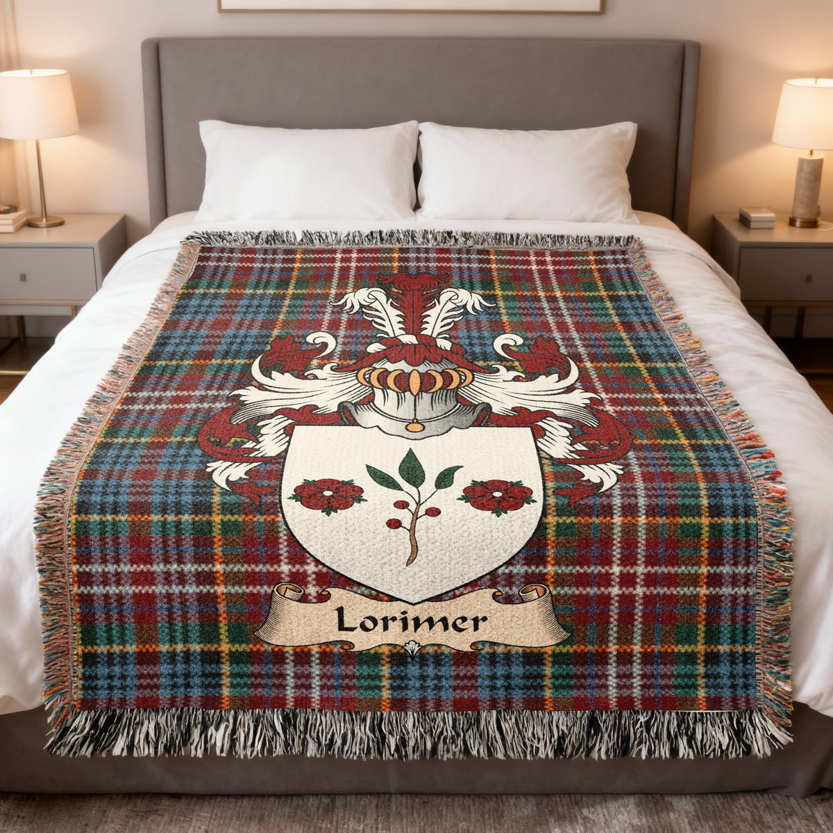 Lorimer Caledonia tartan heritage woven throw blanket with family shield