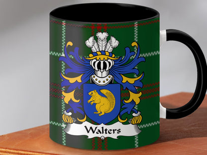 Walters Welsh Surname Coat of Arms Tartan Background Mug - Living Stone Gifts