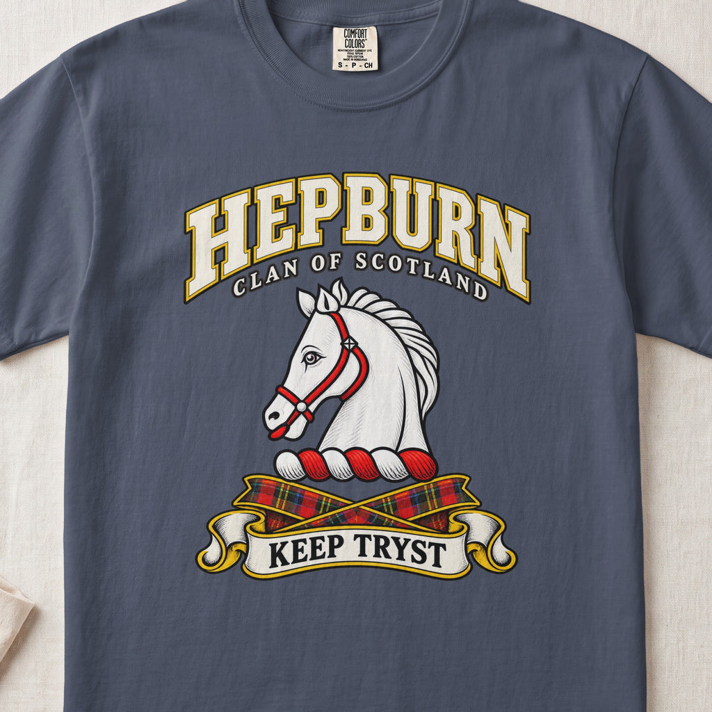 Hepburn Scottish clan T-shirt in Midnight, front view with a white horse head with a red bridle and motto banner.