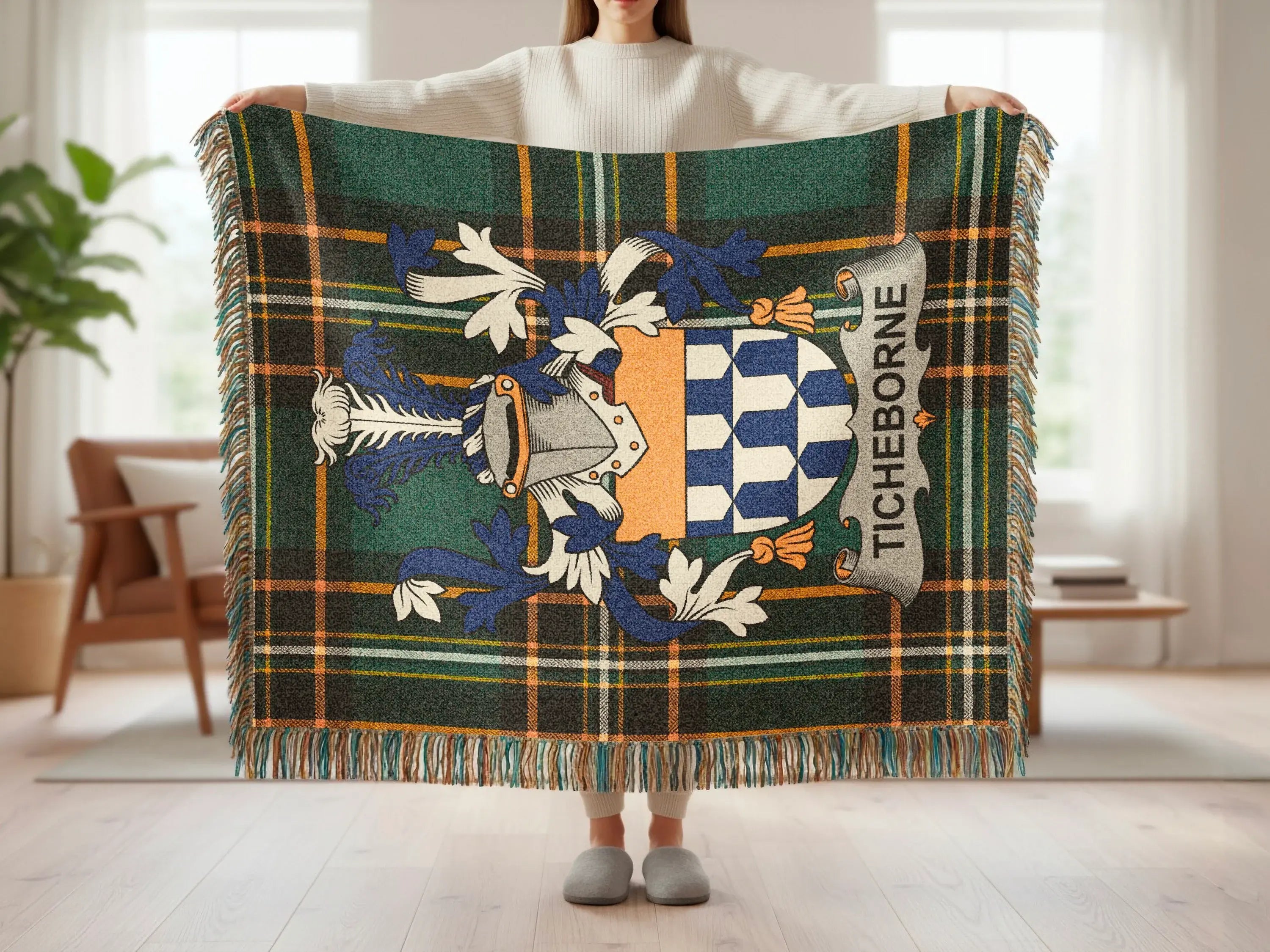 Ticheborne tartan blanket with coat of arms and fringe.