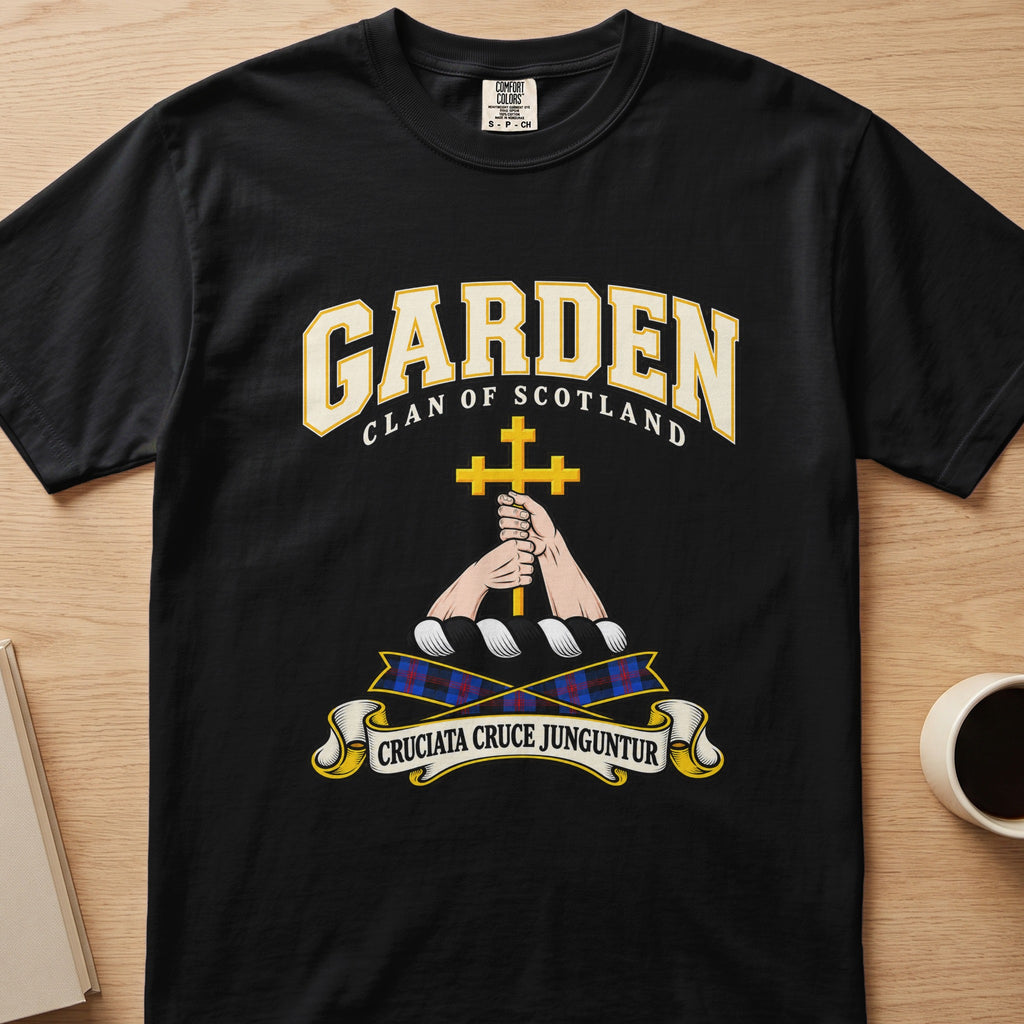 Garden clan T-shirt in black, front view with hands holding a gold cross