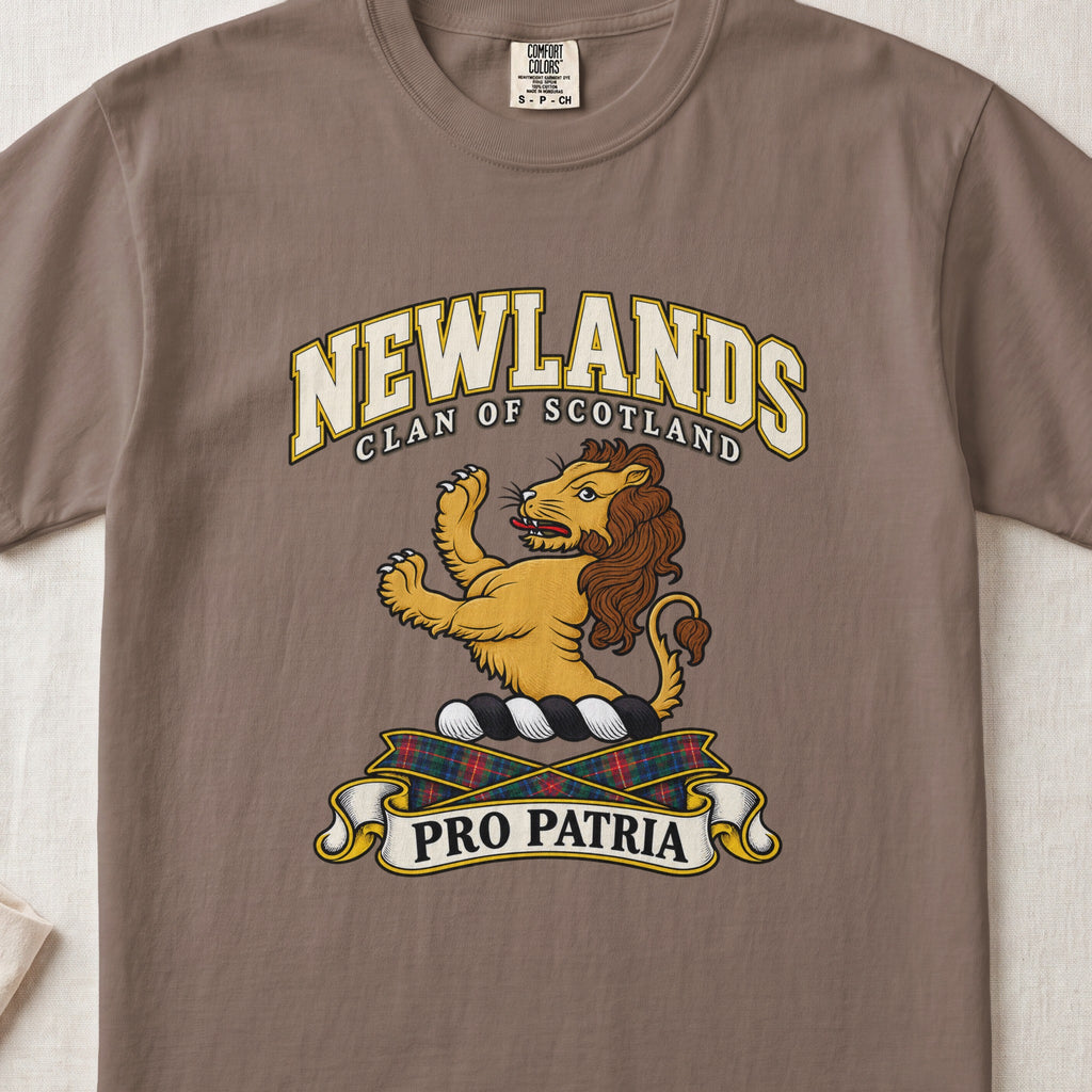 Newlands Scottish clan T-shirt in Espresso, front view with a golden lion standing upright and motto design.