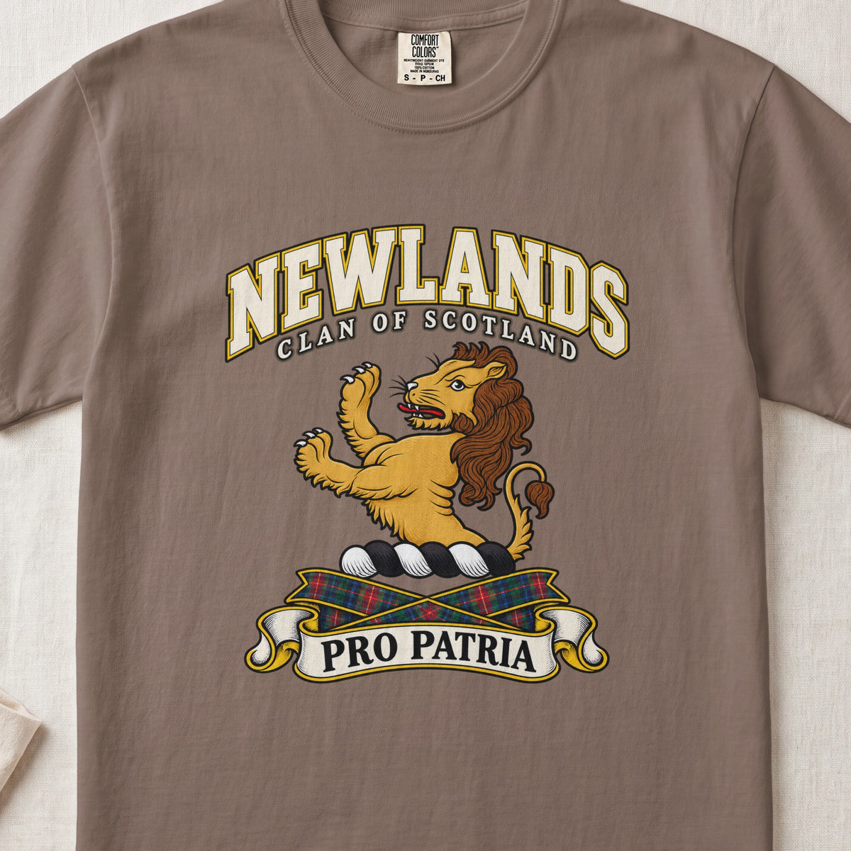 Newlands Scottish clan T-shirt in Espresso, front view with a golden lion standing upright and motto design.