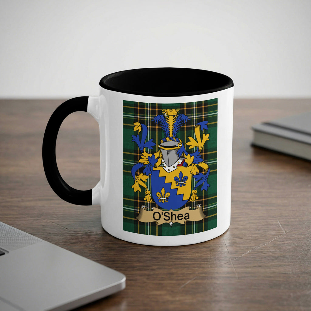 O'Shea 11 oz black accent mug with Irish heritage design