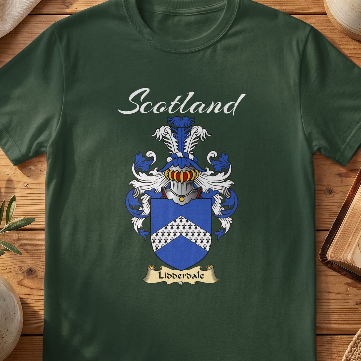 Forest Green Lidderdale Scottish T-shirt featuring a white patterned chevron on blue