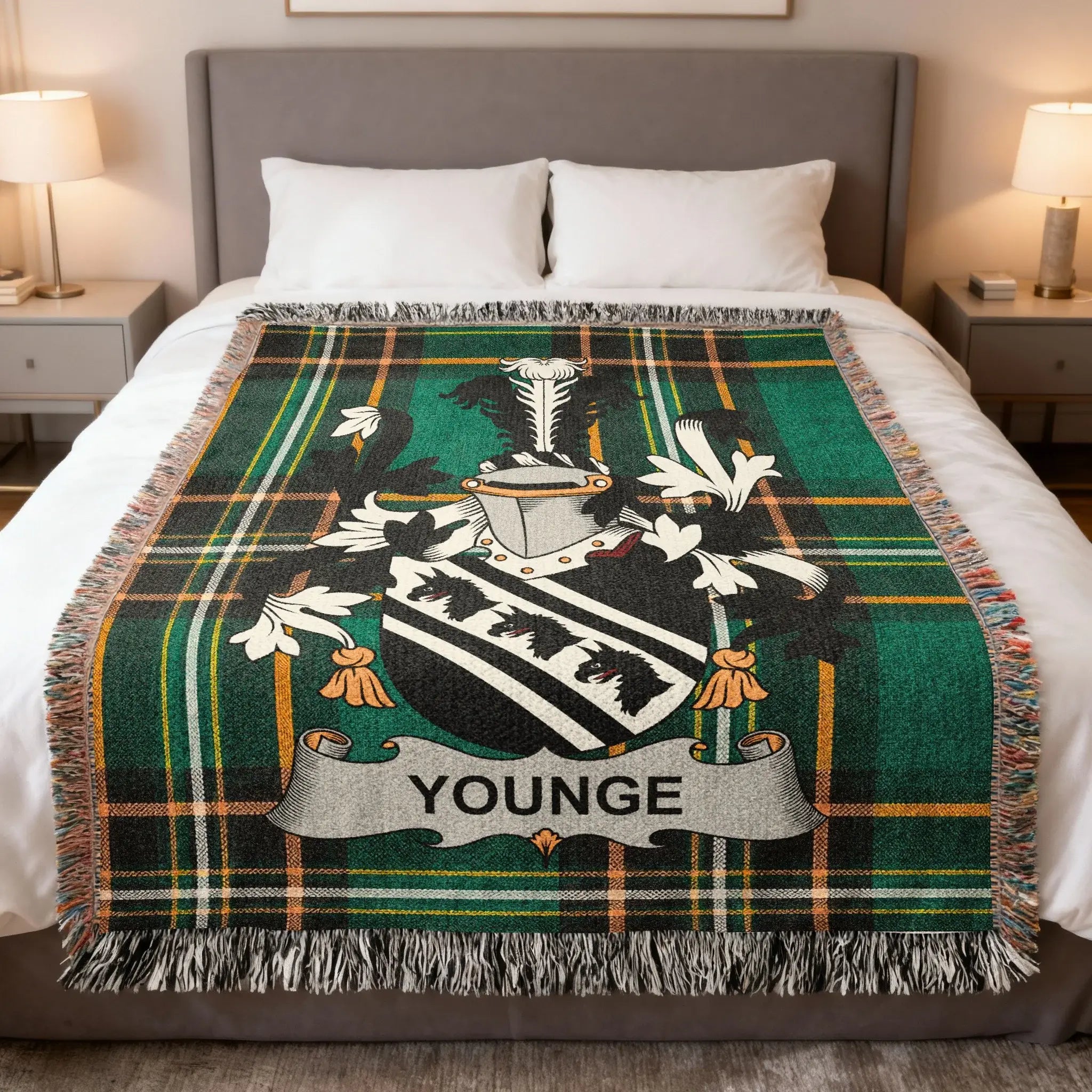 Tartan blanket with a coat of arms and the name YOUNGE.