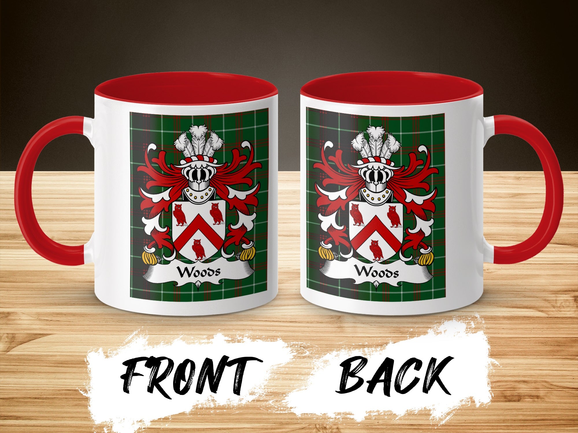 Two white mugs with red handles and interiors, displaying the Woods coat of arms on a plaid background.