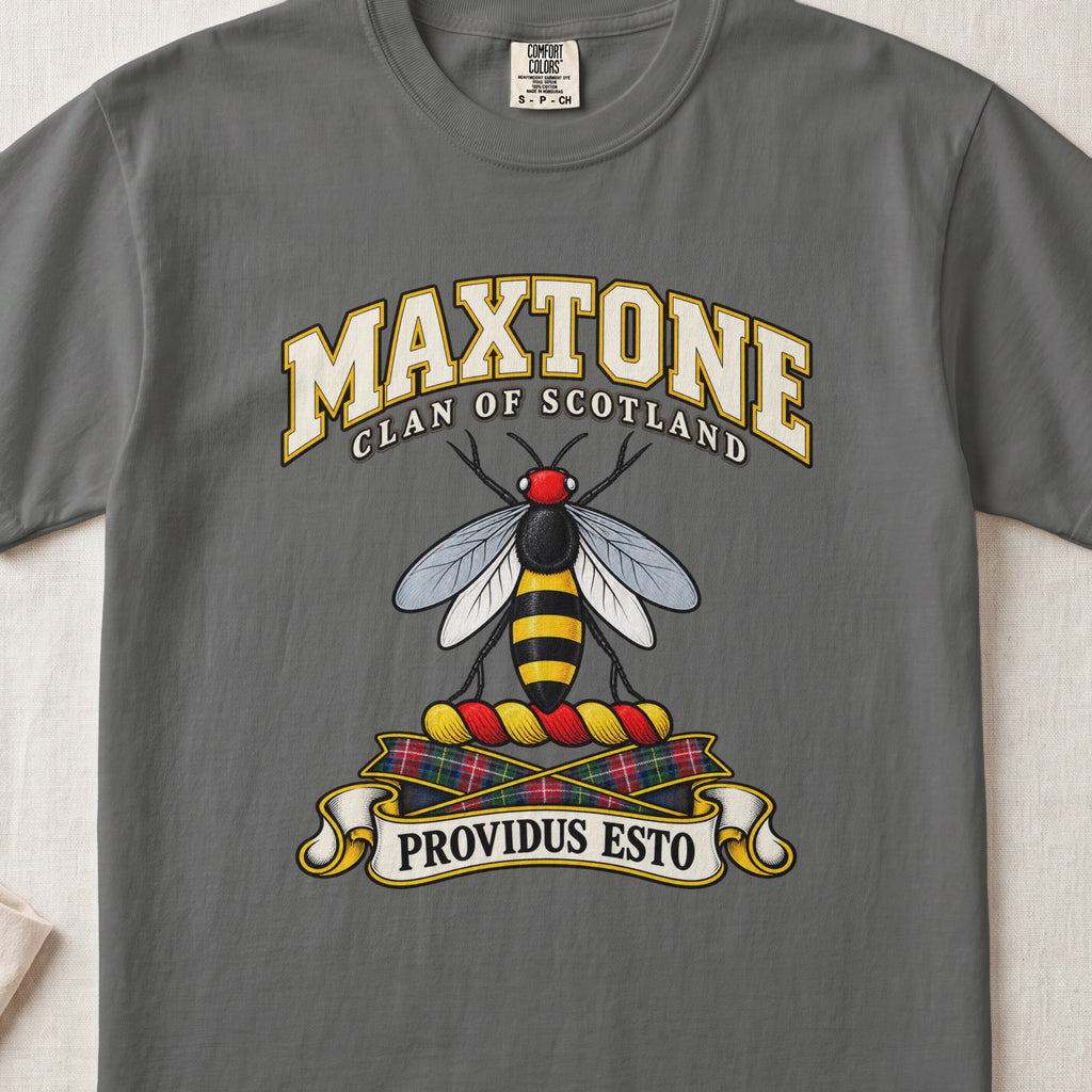 Maxtone Scottish clan T-shirt in Pepper, front view with a black-and-gold bee with silver wings and motto banner.