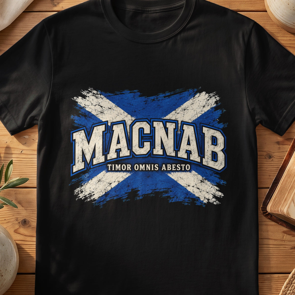 MacNab Scottish Saltire T-shirt in Black, with distressed blue and cream flag and “Timor Omnis Abesto” lettering.