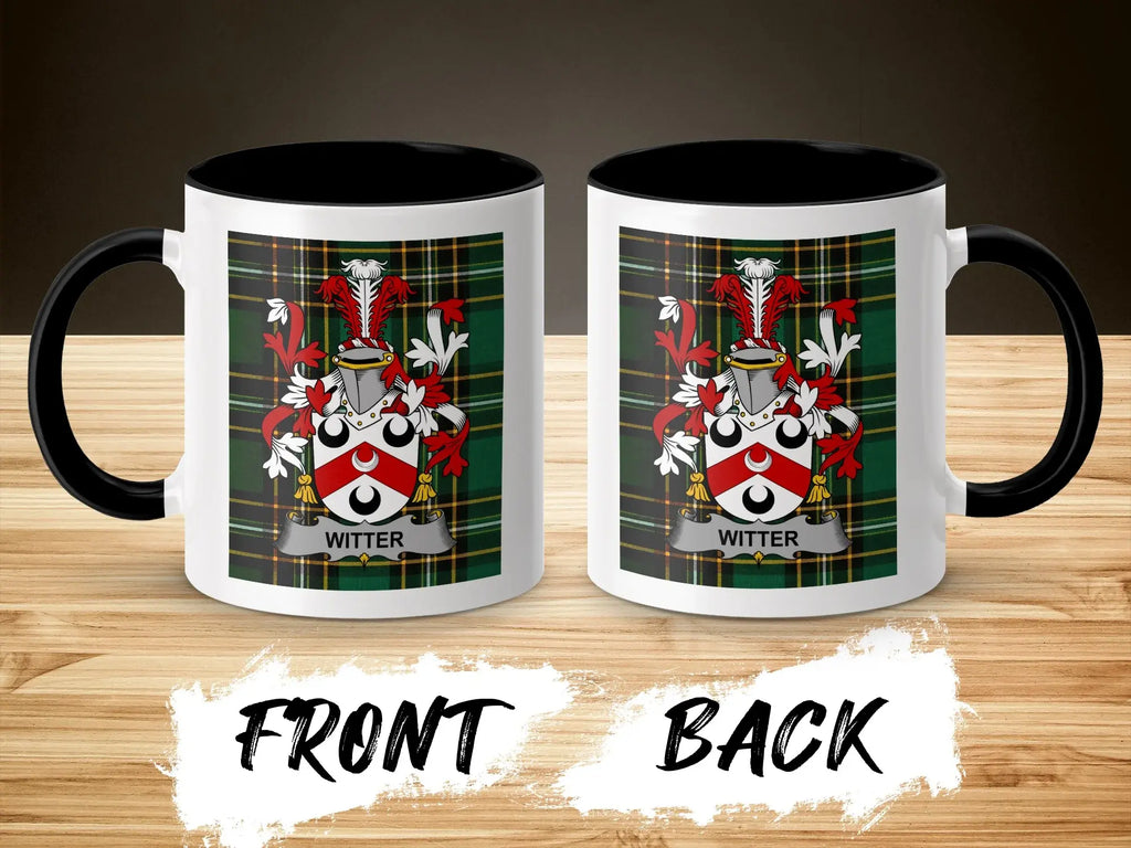 Witter coat of arms on a black and white plaid mug, front and back views.