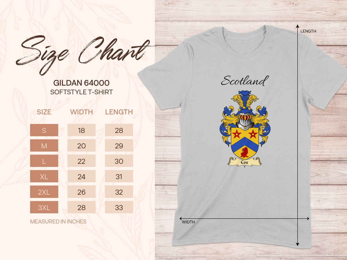 Gildan 64000 size chart for the Cox unisex T-shirt, sizes S to 3XL