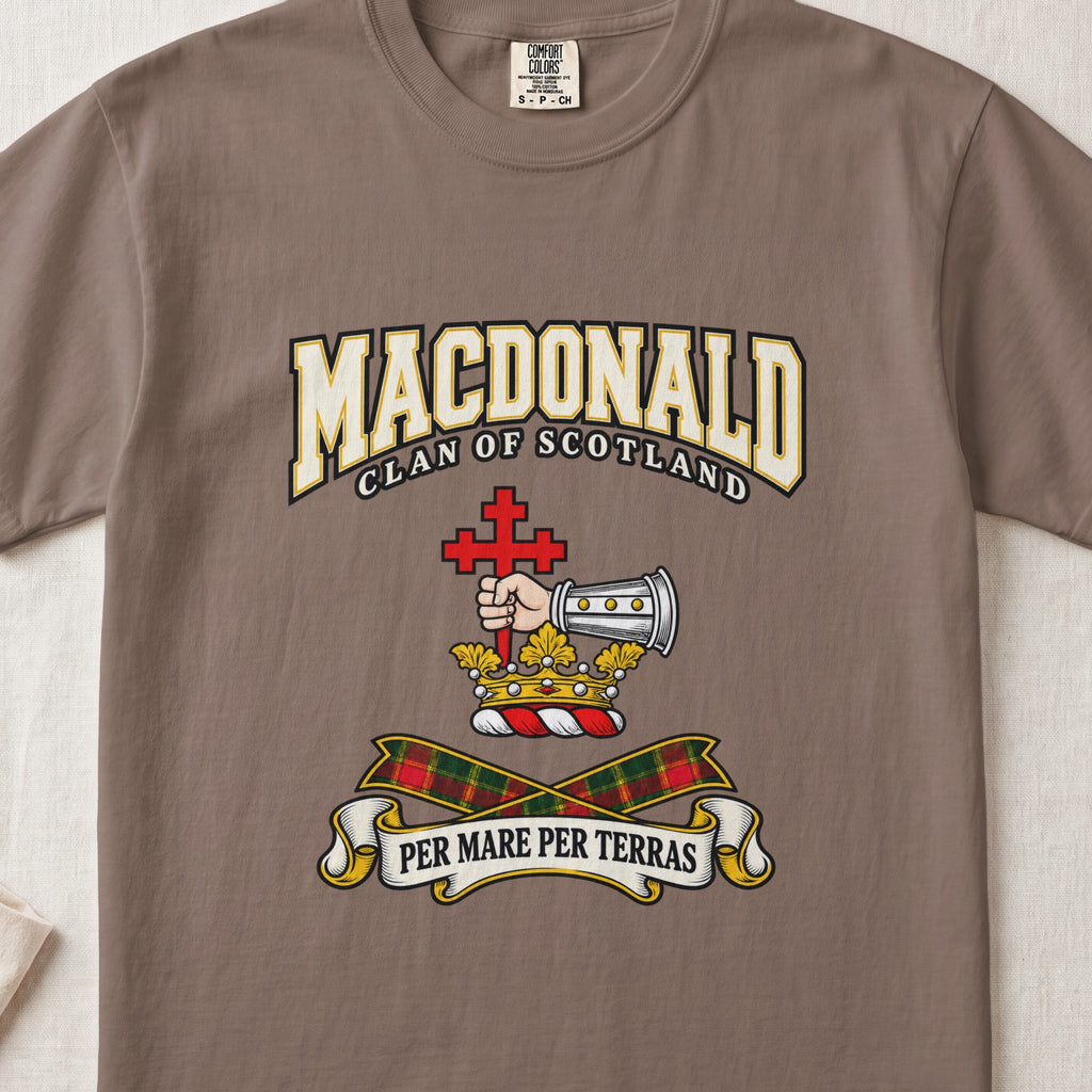 MacDonald graphic T-shirt in Espresso brown, front flat lay showing varsity lettering and armoured forearm with hand holding red cross.