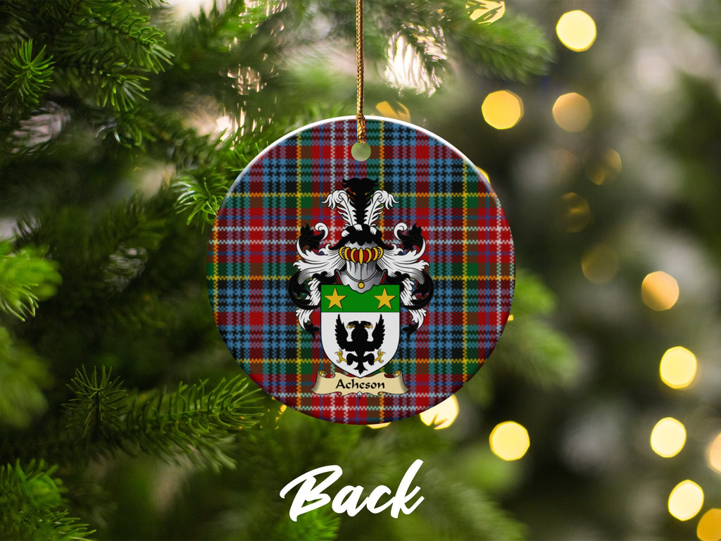Double-sided Acheson ceramic ornament with family shield and Caledonia tartan background