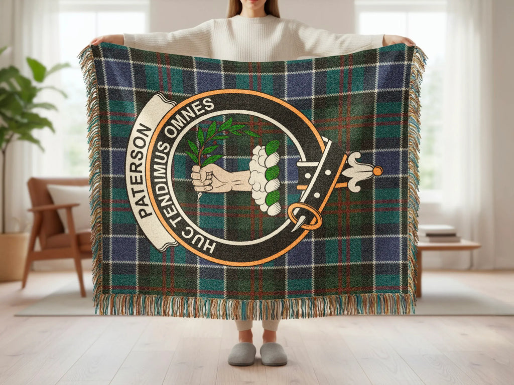 Paterson clan crest tartan woven blanket — cotton construction with fringe border