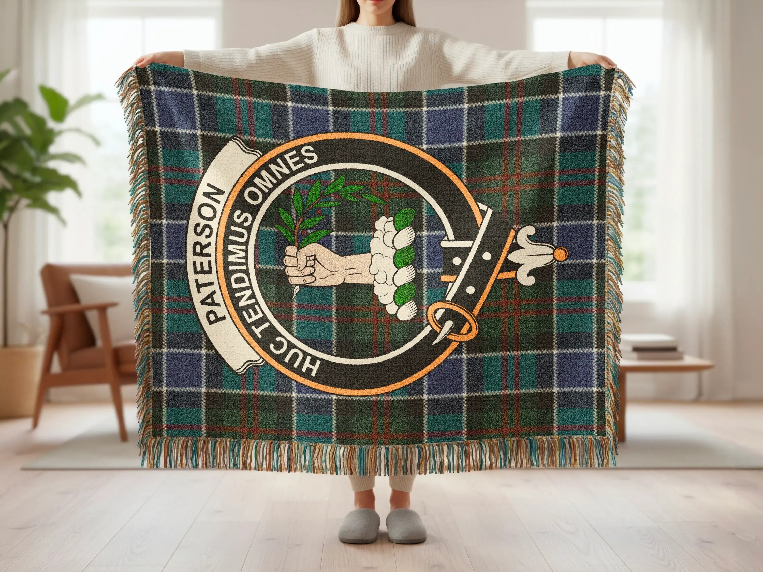 Paterson clan crest tartan woven blanket — cotton construction with fringe border