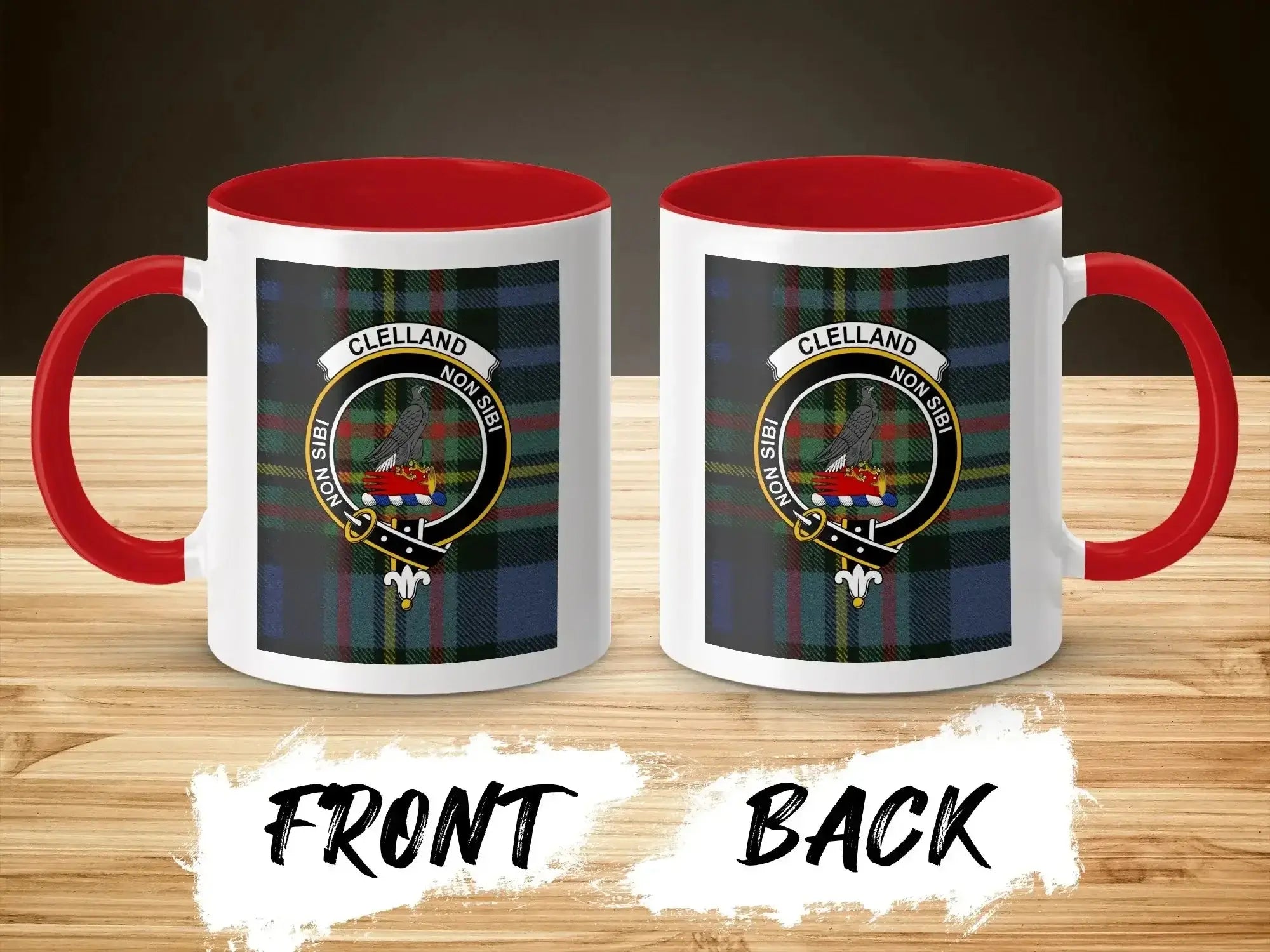Clelland tartan-background crest mug shown as a Scottish heritage gift