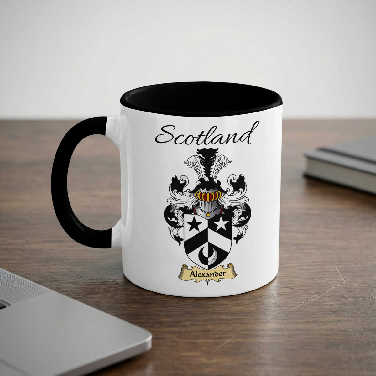 Alexander Scottish family crest accent mug with Scotland lettering and coat of arms artwork