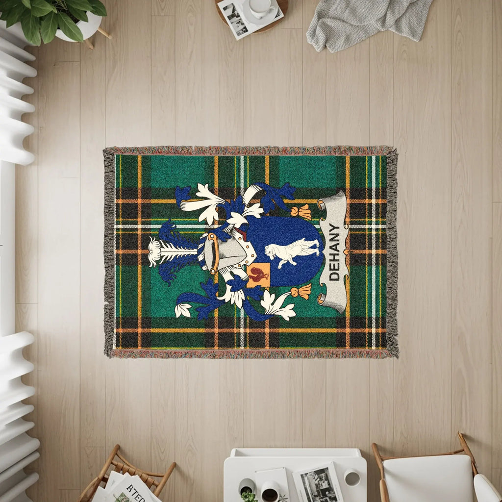 Dehany Family Tartan Crest Green Yellow Black woven blanket