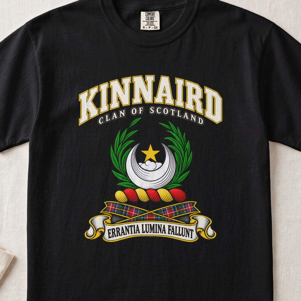 Kinnaird Scottish clan T-shirt in Black, front view with a silver crescent, gold star and green leafy branches and motto design.