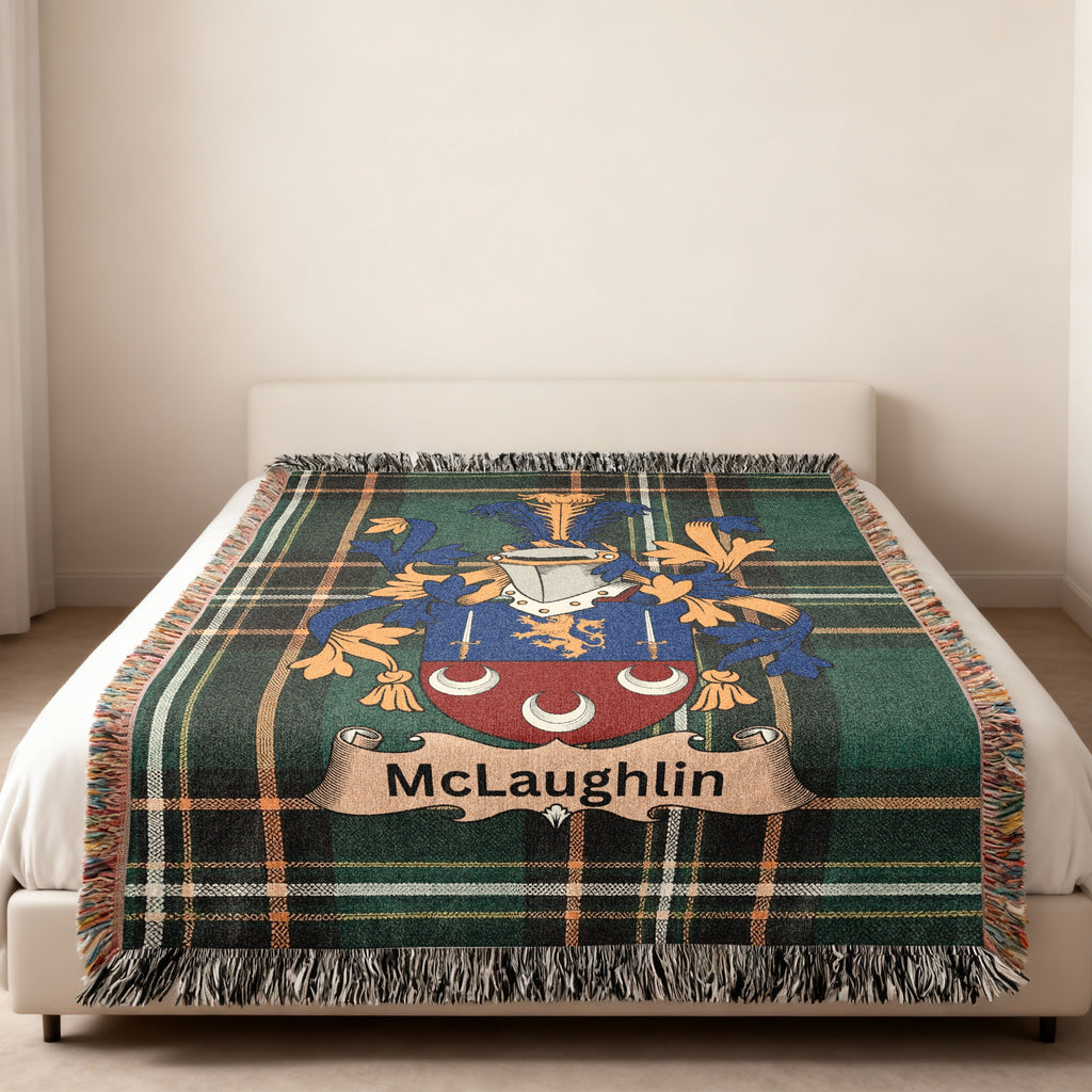 McLaughlin family crest emblem blanket displayed as home decor