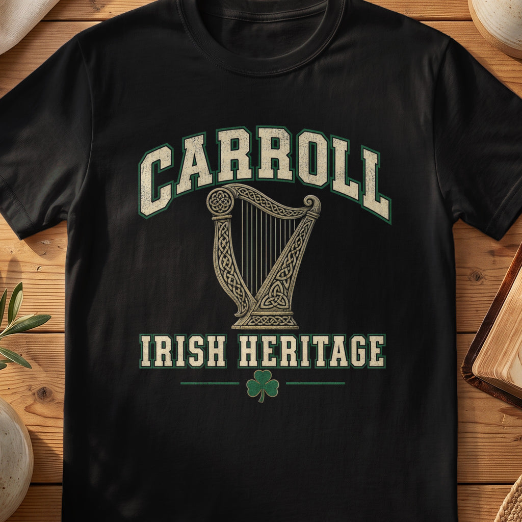Carroll Irish Heritage black Gildan 64000 T-shirt with Celtic harp design